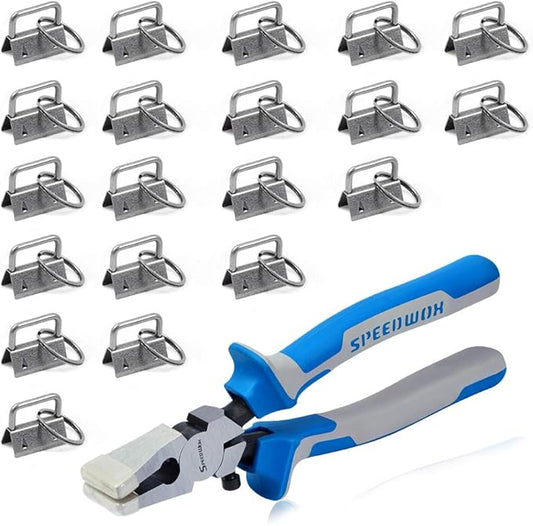 SPEEDWOX Key Fob Pliers and 20 Sets 1 Inch Key Fob Hardware with Keychain Split Rings Webbing Fabric Strapping Wristlet Set Dark Nickel Glass Breaking Pliers Tools with Rubber Tips