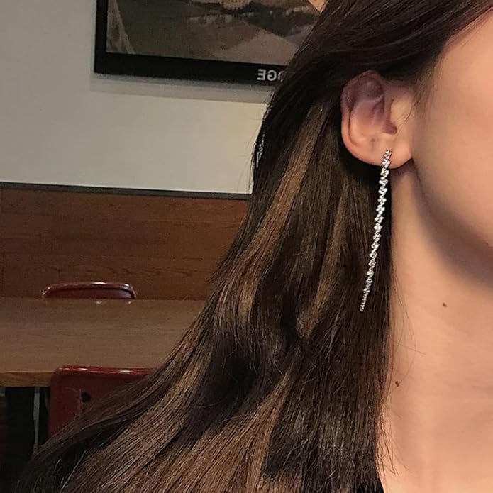 HERIER Rhinestone Earrings Dangling for Women Chandelier Statement Tassel Earrings Girls Silver Sparkly Drop Cubic Zirconia Crystal Earrings Long Dangle Costume Jewelry