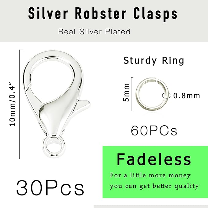90PCs Fadeless Lobster Claw Clasps (10mm) & Jump Rings for Jewelry Making, Necklace Bracelet Findings & Supplies (Silver Plated)
