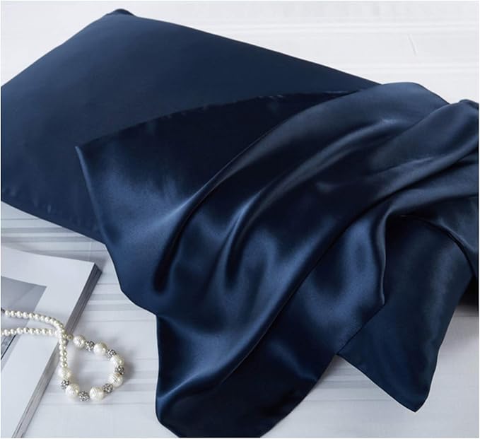 Mulberry Silk Pillowcases Set of 2, Hypoallergenic Satin Pillow Covers for Hair and Skin, with Hidden Zipper, Both Side 100% 19 Momme Silk (Navy Blue,Standard)