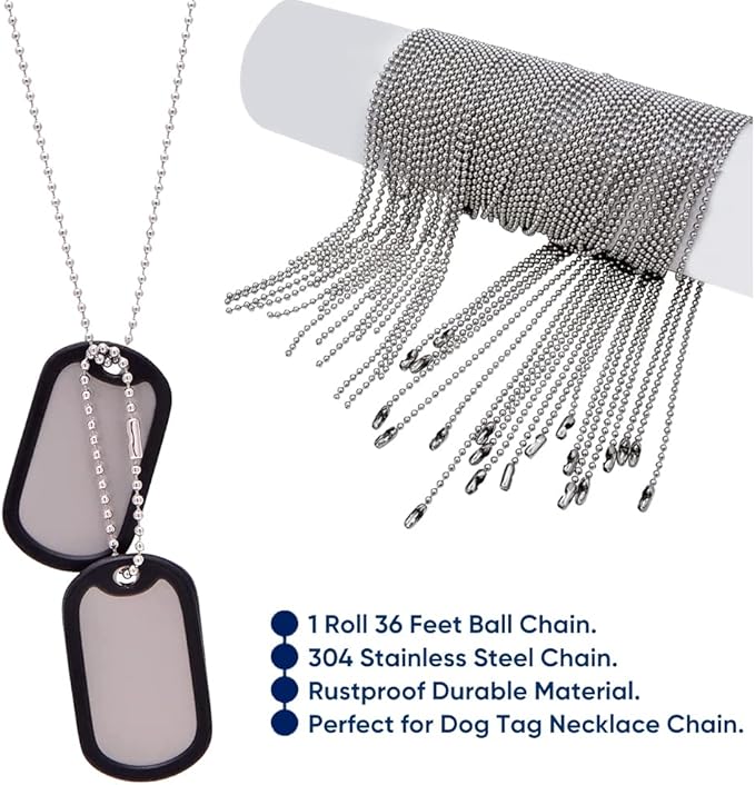 Ball Bead Chain Stainless Steel 36 Feet, Silver Metal #3 Bead Chain with 50pcs Connectors Clasps, Dog Tag Necklace Key Chains for Making DIY Crafts, 2.4mm Ball, 1 Roll 11 Meters