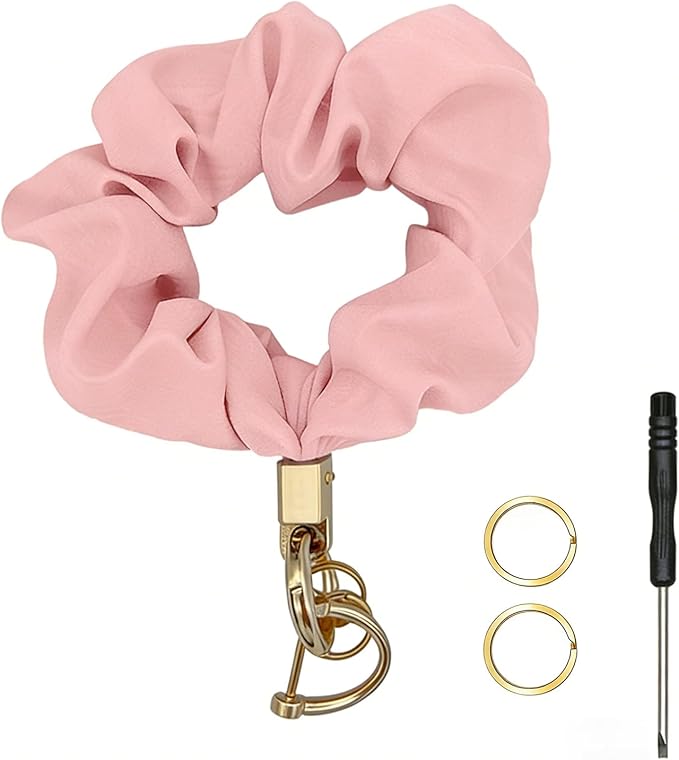 Scrunchie Wristlet Keychain for Women Men, Cute Stretchy Wrist KeyChain for Car Keys with 3 Keyrings and 1 D ring