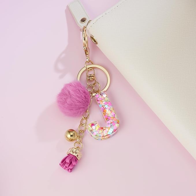 Resin Alphabet Initial Letter Keychain Keyring for Women Purse Handbags With Fur Ball Pom