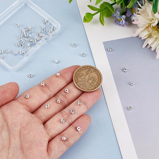 PH PandaHall 60PCS Stopper Crimp Beads, 925 Sterling Silver Plated Spacer Beads Metal Brass Crimp Bead Positioning Flat Round Bead for DIY Bracelet Necklace Jewelry Making Accessories