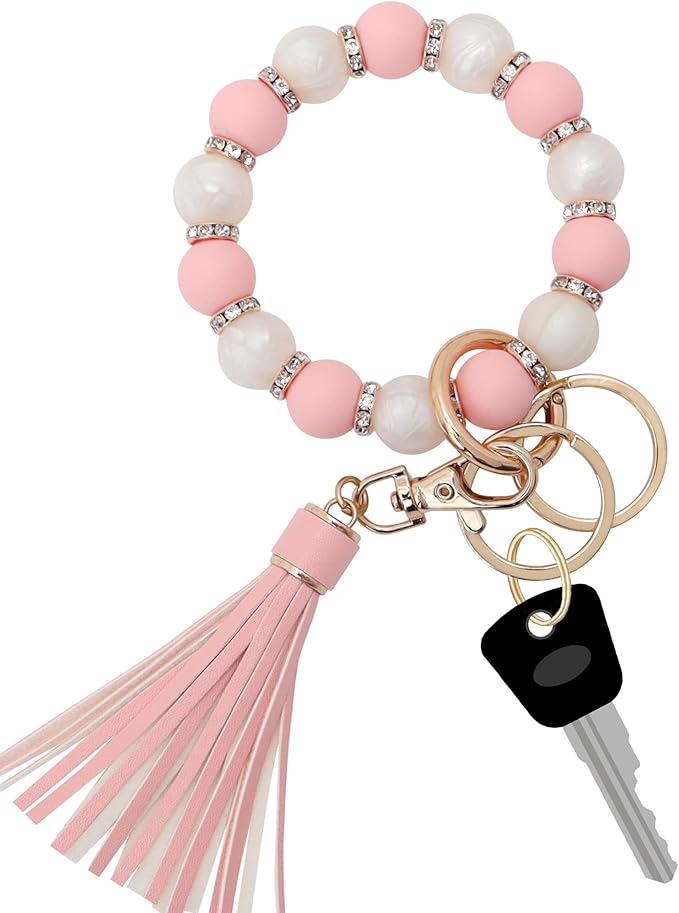 Munchewy Silicone Key Ring Bracelet for Women, Beaded Wristlet Keychain Key Holder with Zircon Tassel for Mother's Day Gift