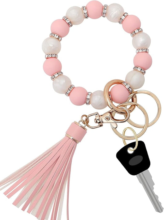 Munchewy Silicone Key Ring Bracelet for Women, Beaded Wristlet Keychain Key Holder with Zircon Tassel for Mother's Day Gift