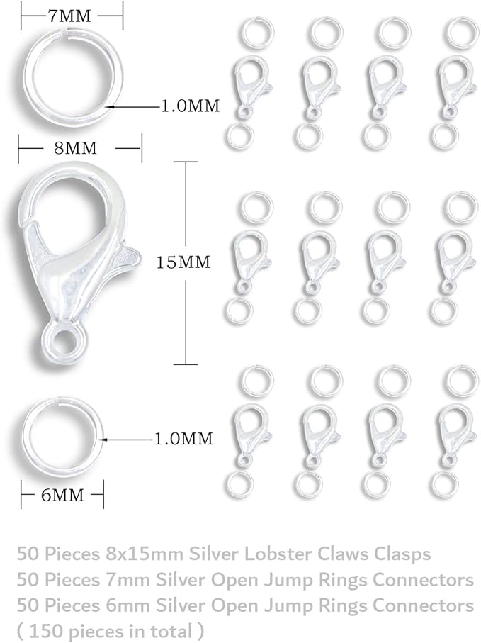 AD Beads 50 Pieces Lobster Claws Clasp 100 Pieces Open Jump Rings Connectors Suitable for Necklace Bracelets Jewelry (8x15mm, Silver)