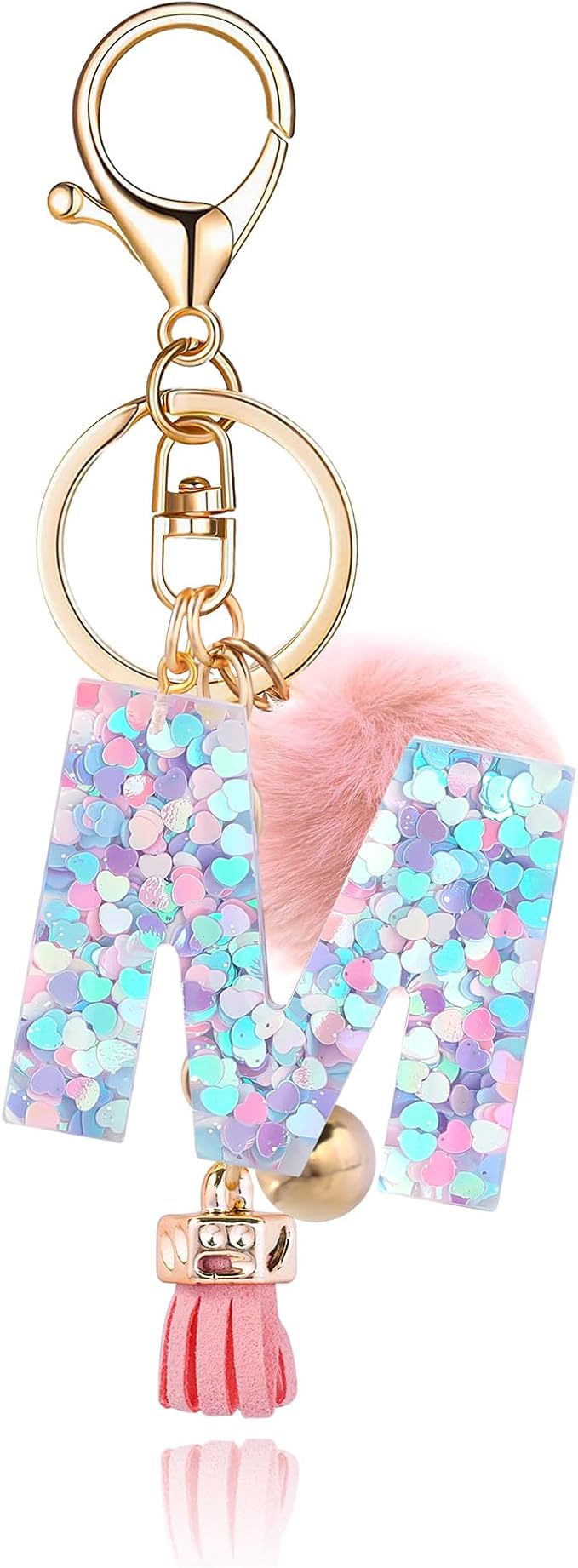 Resin Alphabet Initial Letter Keychain Keyring for Women Purse Handbags With Fur Ball Pom