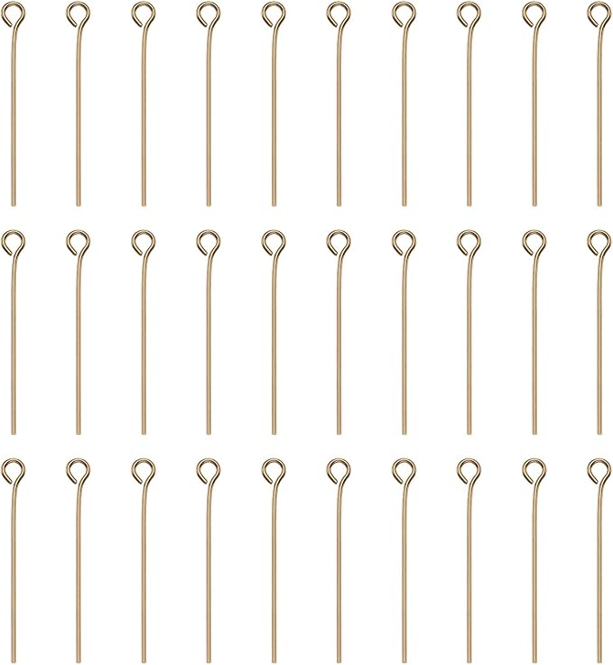 HARFINGTON 100pcs Open Eye Head Pins 1.18" 30mm Mini Metal Wire Eye Pins Beading Small Needles Bulk for Earring Pendant Necklace Bracelet Charm Jewelry Making Findings, Champagne Gold