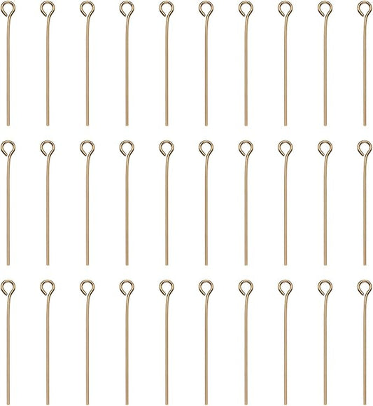 HARFINGTON 100pcs Open Eye Head Pins 1.18" 30mm Mini Metal Wire Eye Pins Beading Small Needles Bulk for Earring Pendant Necklace Bracelet Charm Jewelry Making Findings, Champagne Gold