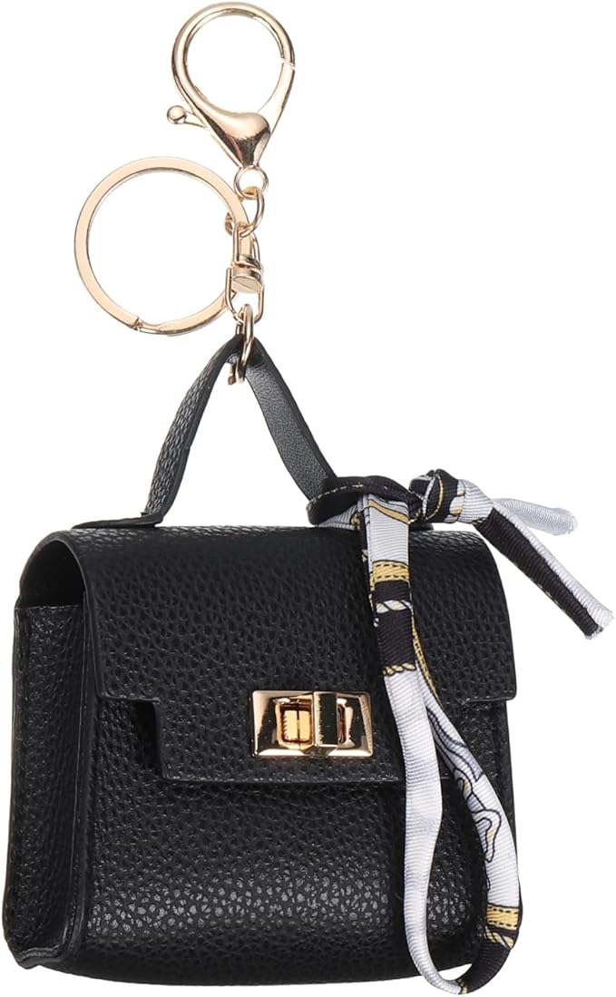 PATIKIL Mini Backpack Keychain, Cute Coin Purse Keychain PU Leather Backpack Purse Key Chain Little Earbud Bag Keychains for Women Mini Card Data Cable Organizer, Black