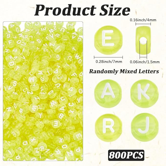 1 Box 800pcs Yellow Transparent Letter Beads Acrylic Clear White Alphabet Flat Round Letters Cylinder Loose Spacer Bead Charms Bulk for Jewelry Making Bracelets Necklaces DIY Craft Supply