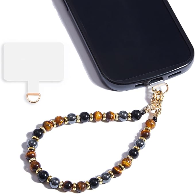 Marble Beaded Phone Wrist Strap,Detachable Phone Bracelet Strap with Tether Tab,Hands-Free Wristlet Strap (Yellow Tiger Eye)