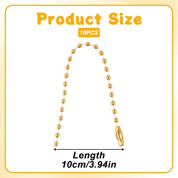 15 PCS Gold Ball Chain 3.9 Inch Bead Extension Keychain Cord with Connector Clasp Ball Chain Connectors for Art, Handmade, DIY