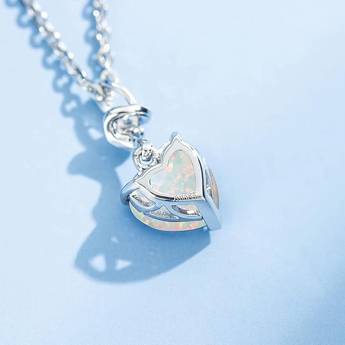 AGVANA Christmas Gifts 14K Solid White Gold Diamond Gemstone Pendant with Sterling Silver Chain 8mm Heart Birthstone Necklace Fine Jewelry Anniversary Birthday Gifts for Women Mom Wife