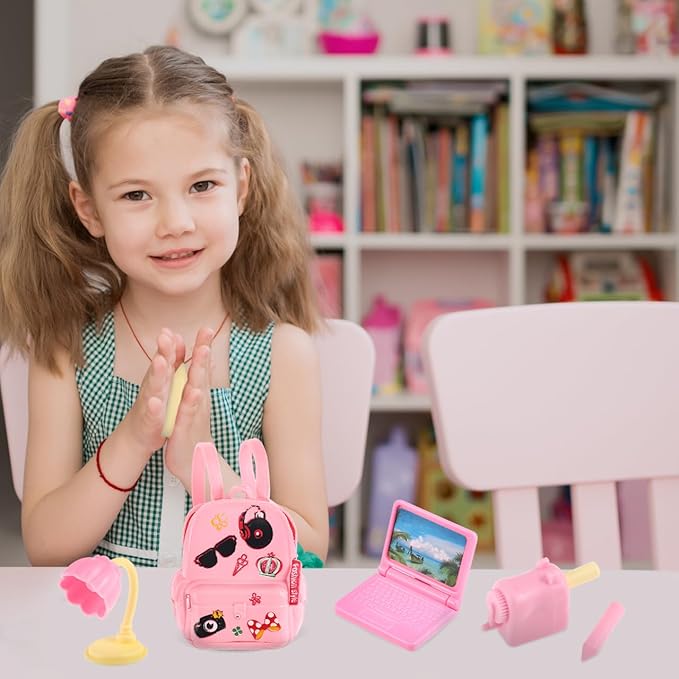 FAVOMOTO 18PCS Mini Doll School Supplies, Kids Dolls Dollhouse Accessories with Backpacks Rulers Desk Lamps Laptops Miniature Plastic Stationery Set for Dollhouse DIY Crafting School Playsets