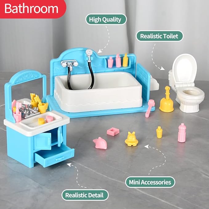 TAKIHON Dollhouse Furniture, Kitchen & Bathroom Toy Set,Fridge Washing Machine Set for Kids,Dollhouse Miniature Accessories,Educational Pretend Play Toys for Toddler,Boys & Girls
