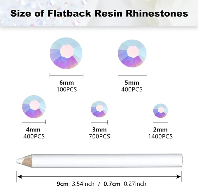 3000PCS Resin Flatback Rhinestone, 2mm 3mm 4mm 5mm 6mm Pure White AB Flatback Jelly Resin Rhinestones for Tumblers, Mugs, Bottles, Craft Decoration, Loose Bling Glitter Gem Stone