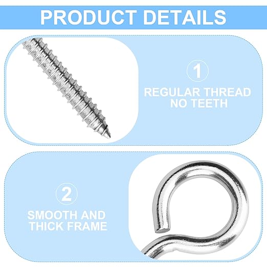 Aovchei Eye Screws, 4 Pcs 6 Inch Long, 304 Heavy Duty Stainless Steel Screw Hooks, Rust-Resistant Self Tapping Eyelet Bolts for Wood, Securing Cables Wires, Indoor & Outdoor for Hanging Artwork