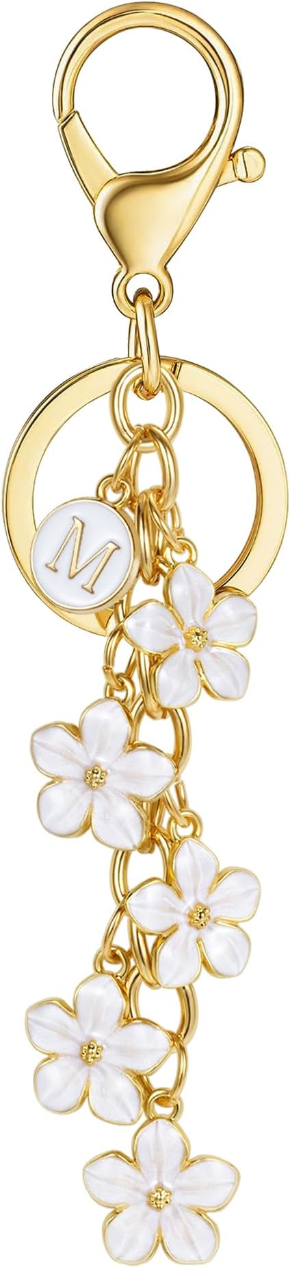 XGALBLA White Pink Black Cute Initial Letter Keychain for Women, Flower Bag Charms Enamel Keyring for Handbag Backpack