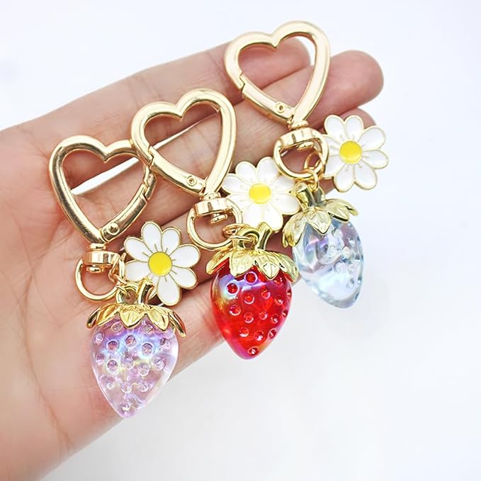 3Pcs Strawberry Keychain, Cute Strawberry Heart-Shaped Flowers Keyrings Daisy Keychain Accessories for Girls Purse (Red Blue Purple)