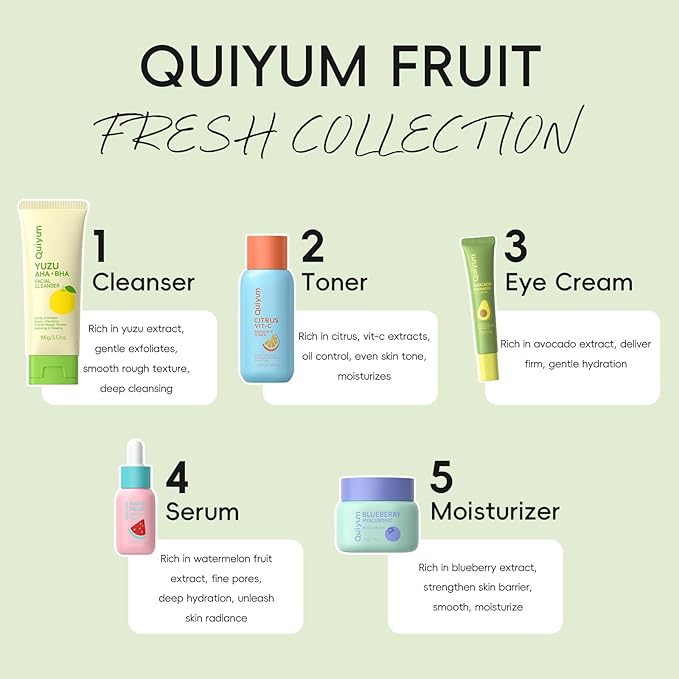 QUIYUM Fruit Skin Care for Teens, 5 Daily Routine Beauty Skin Care Sets - Exfoliation, Smooth, Clean, Oil Control, Firm, Hydrate, Glow Up, Facial Skincare Gift Set for Girls Women, for All Skin