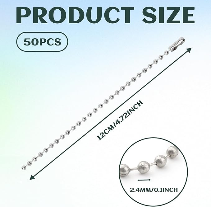 50 Pcs Ball Bead Chain, 4.72 Inch Dog Tag Chain, Stainless Steel Ball Chain Keychain and Connector Clasp, Silver Ball Bead Chains Bulk for Jewelry Making Key Rings Crafts DIY Hanging Decoration