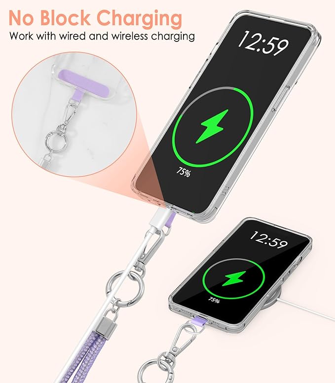 MoKo Universal Phone Lanyard, Metal Cell Phone Chain Crossbody Strap Anti-Theft Detachable Women Cellphone Lanyards Around The Neck with Patches for iPhone, Most Smartphones - Crystal Purple