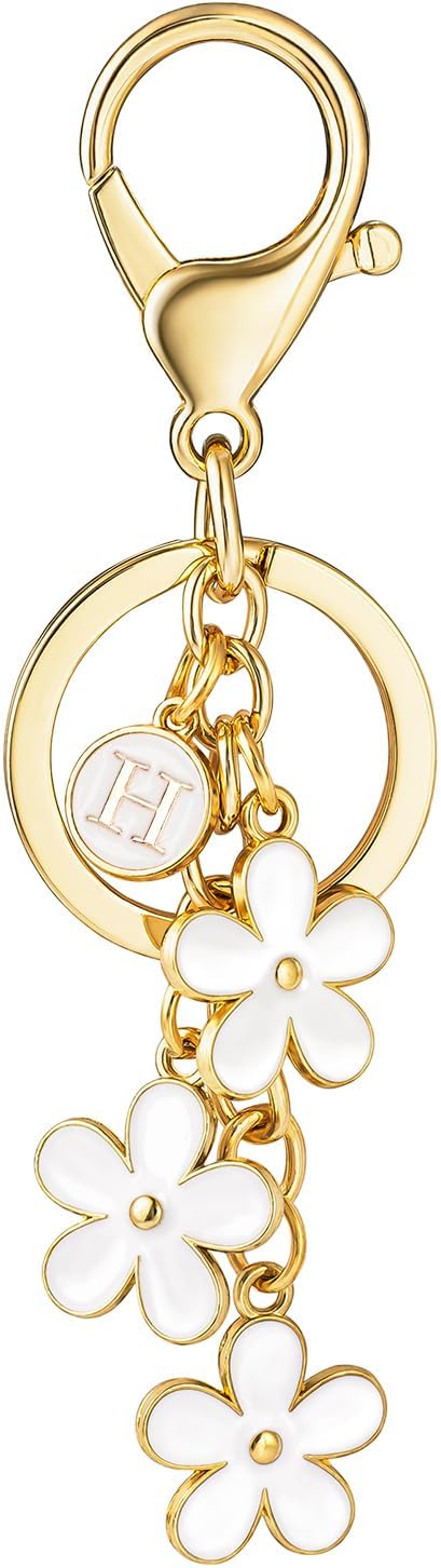 SELOVO Initial Keychain White/Pink/Black Cute Keychain Girl Purse Charms for Handbag Cute Letter Flower Keyring for Backpack