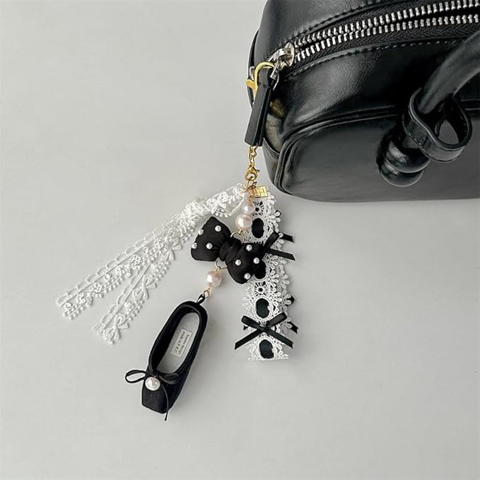 Cute And Fashionable Ballet Shoe Keychain, Suitable For Shoulder Bags, Wallets, Lace Shoulder Bag Charms (Black)