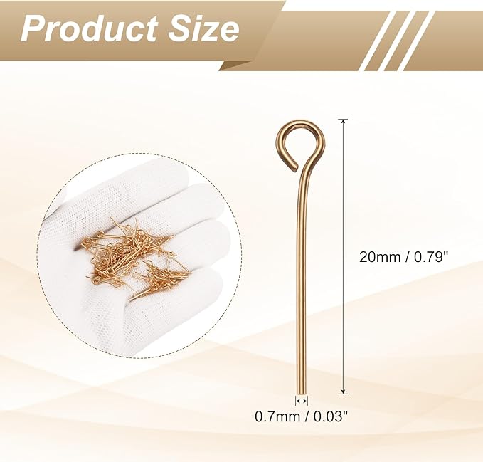 HARFINGTON 100pcs Open Eye Head Pins 0.79" 20mm Mini Metal Wire Eye Pins Beading Small Needles Bulk for Earring Pendant Necklace Bracelet Charm Jewelry Making Findings, Champagne Gold