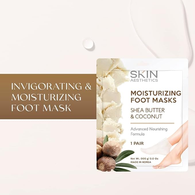Skin Aesthetics Shea Butter & Coconut Foot Masks - Moisturizes & Repairs Cracked Feet, Hydrating & Exfoliating - Dermatologist Tested Korean Skincare - Clean Beauty, Cruelty-Free - 3 Pairs
