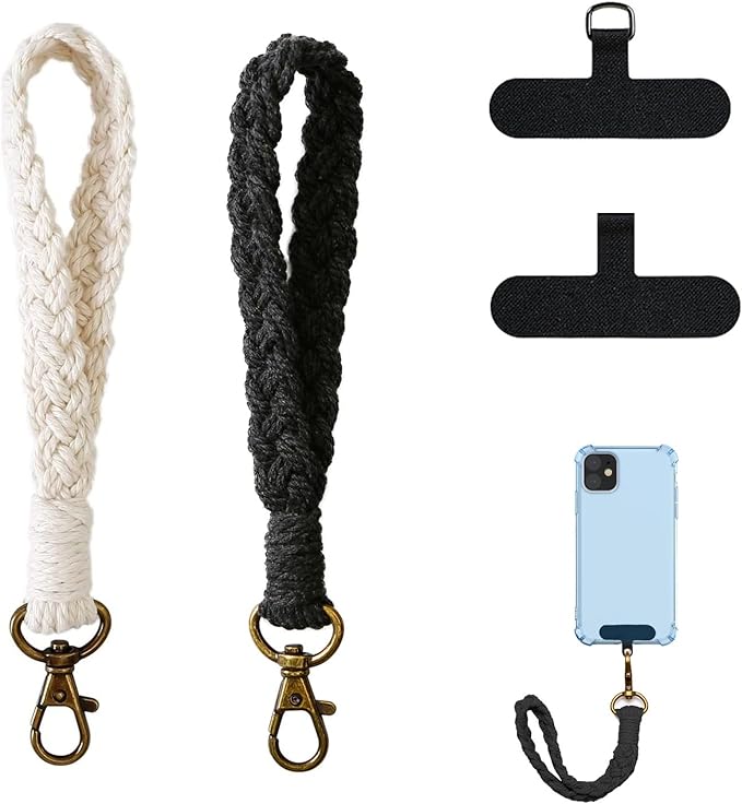 2 PCS Phone Wrist Strap, Cell Phone Lanyard, with 2× Phone Tether Tab, Handmade Macrame Keychain, Phone Case Wrist Lanyard for Women Girls(White+Black)