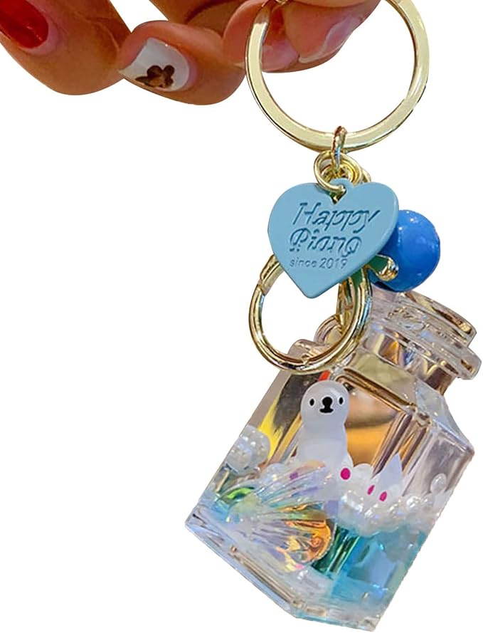 HSYHERE Men Women Creative Beautiful Floating Sea Animals Lucky Square Bottle Keychain Keyrings