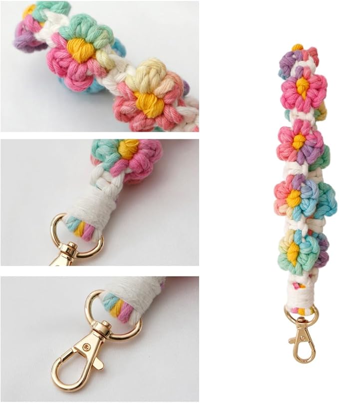 Boho Keychain Handmade Keychain Wristlet Key Chain Wrist Lanyard for Keys Cute daisy keychain for Women