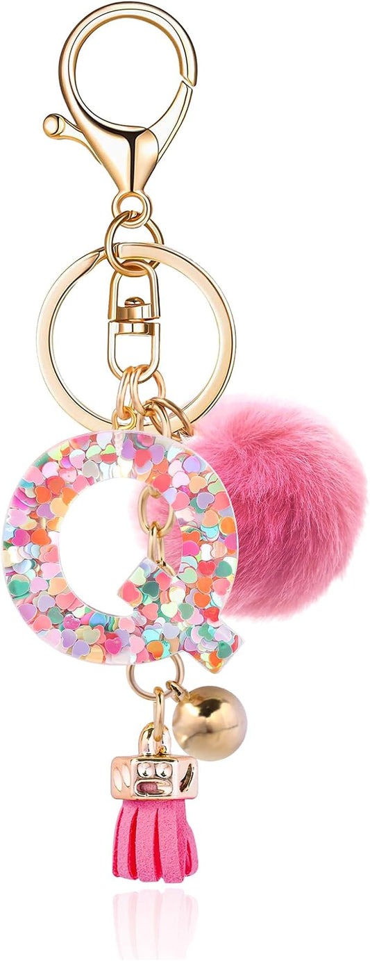 Resin Alphabet Initial Letter Keychain Keyring for Women Purse Handbags With Fur Ball Pom