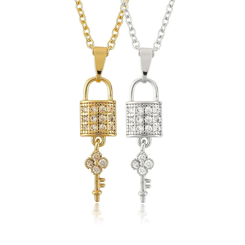 JOR Lock & Key Charm Pendant Necklace, CZ, Men & Women Unisex Jewelry, Dainty Gold & Silver Plated Combo Chain 18 inch (Pack of 2)
