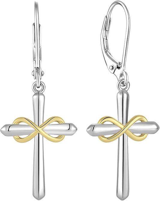 Starchenie Infinity Cross Earrings for Women 925 Sterling Silver Polished Cross Leverback Earring Crucifix Jewelry