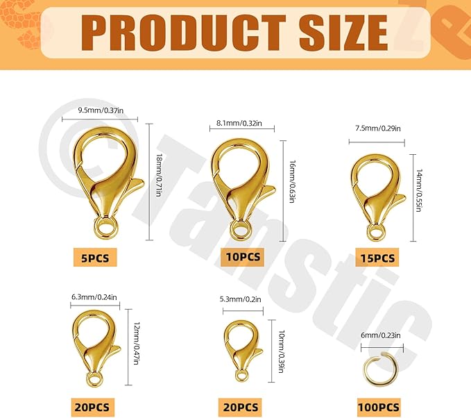 Tanstic 170Pcs Gold Lobster Claw Clasps with Open Jump Rings Kit, 10mm, 12mm, 14mm, 16mm, 18mm Alloy Small Jewelry Clasps Lobster Clasps and 6mm Jump Rings for DIY Jewelry Making