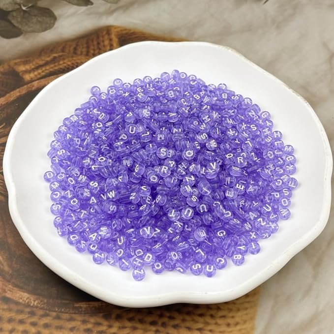 1000pcs Round Letter Beads 4x7mm Acrylic Alphabet Beads Spacer Beads for Jewelry Making Bracelets Necklace Earring Key Chains DIY Craft(G-White Letter Purple Bead)