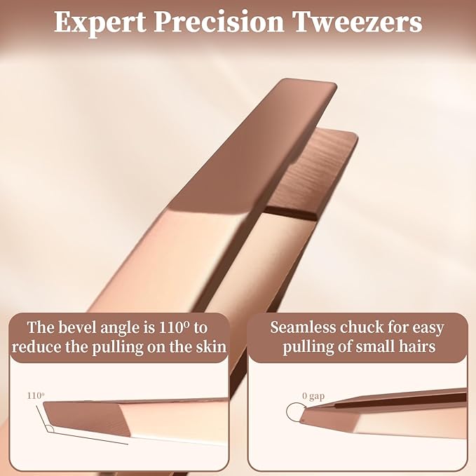 Velodios Precision Stainless Steel Tweezer for Eyebrows, Facial Hair and Fine Hairs Removal, Slant Tip Eyebrows Tweezers with Leather Case (Rose Gold)