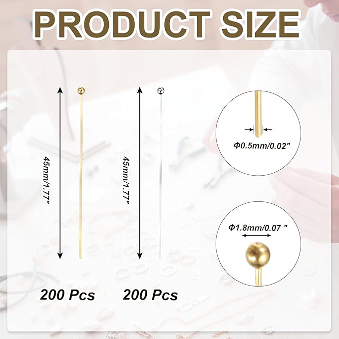 PATIKIL 1.8 Inch Ball Pins, Jewelry Making Headpins Straight Pins Findings Bendable for DIY Craft Bracelet Necklace Earring Pendant Making Supplies-400Pcs(Silver Gold)