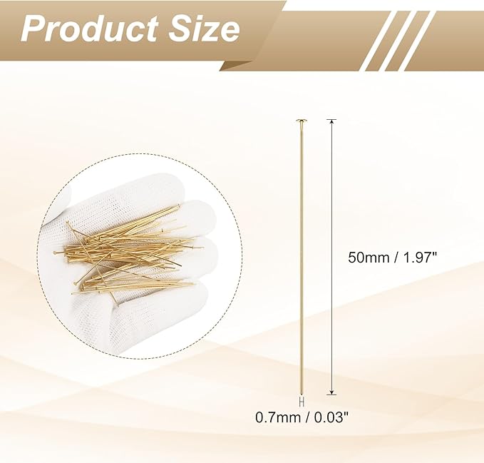 HARFINGTON 100pcs Flat Head Pins 1.97" 50mm Needles Bulk for Earring Pendant Necklace Bracelet Charm Jewelry Making Findings DIY Craft, 18K Gold