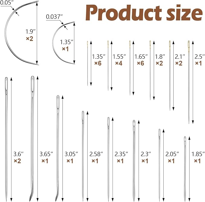 FIVEIZERO Heavy Duty Hand Sewing Needles Set - Large Eye Leather Sewing Needles for Hand Stitching,Upholstery, Carpet,and Canvas Repair, Including Curved Sewing Needles and Needle Threaders