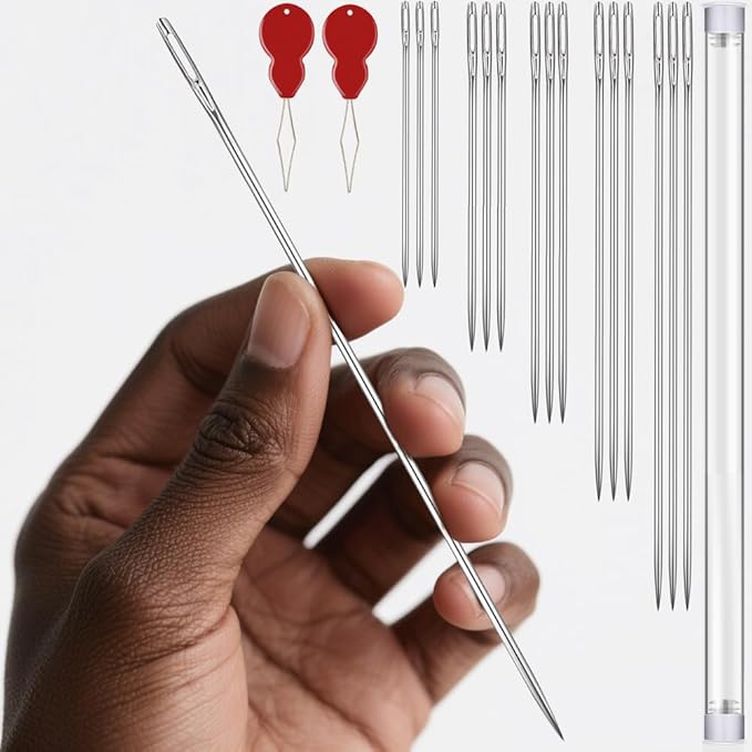 Long Sewing Needles, 15 Pcs & 5 Sizes Stitching Needles, Hand Sewing Needles for Stitching and Crafting Projects, Carpet, Cushion, Curtain, Quilting Needles Large Eye with 2 Needle Threaders