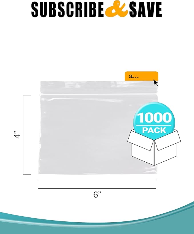 APQ Clear Plastic Reclosable Zipper Bags, 6 x 4 Inches. Pack of 1000 Reclosable Plastic Bags with Zipper Closure. 2 Mil Plastic Jewelry Bags. Waterproof Reclosable Zip Bags for Industrial Use