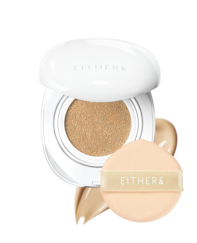 EITHER& Glow Pixel Cushion Foundation, Skincare Formula, Dewy Glass Skin, Lightweight & Long-Lasting 100H Wear, Buildable Hydrating Korean Cushion (23N Sand, 12g)