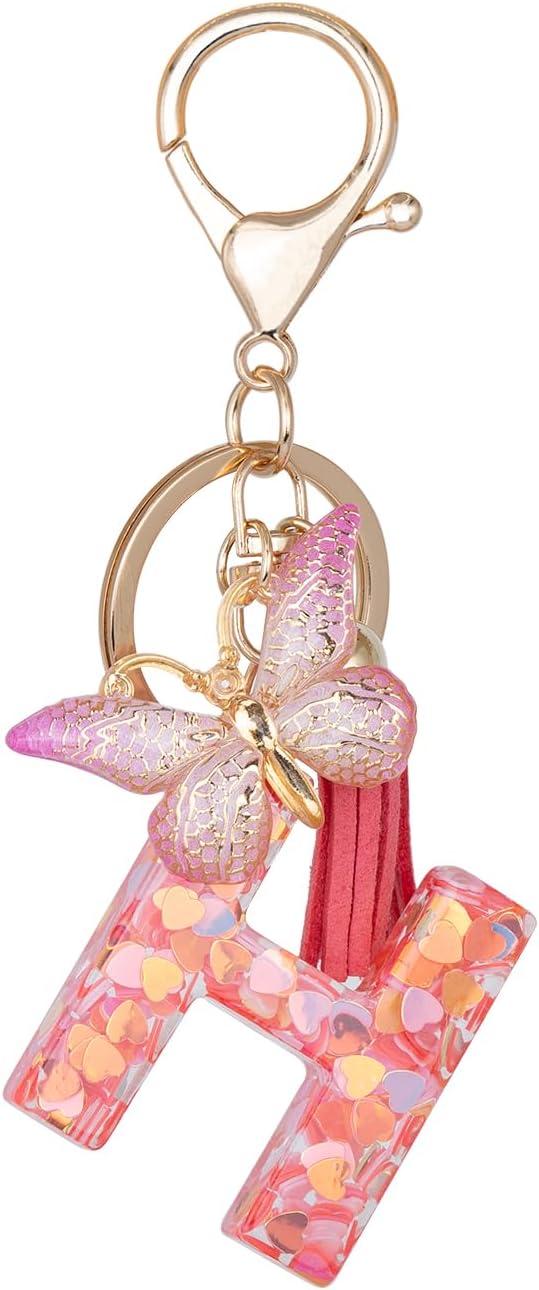 Initial Keychain Cute Pink Resin Letter and Butterfly Charms Keychains for Backpack Purses