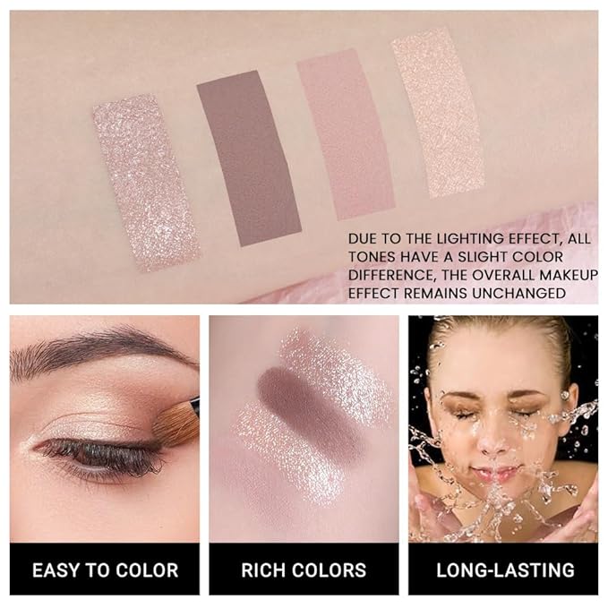 4-Color Neutral Nude Eyeshadow Palette – Matte & Shimmer Champagne Rose, Soft Taupe, Plum Brown & Silver Taupe Shades, High Pigment Blendable Mini Eye Shadow Kit for Daily Soft Glam & Blue Green Eyes