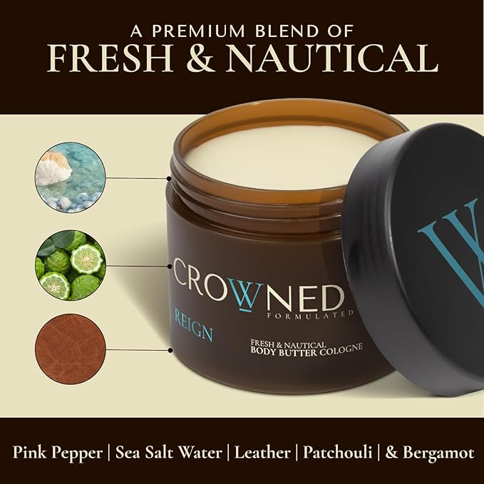 Crowned Skin King and Reign Body Butter Cologne Bundle | New Moisturizing Formula | Skin Care Set with Sandalwood, Leather, Fresh, & Nautical Scents | Natural Shea & Mango Butters | All-Day Fragrance